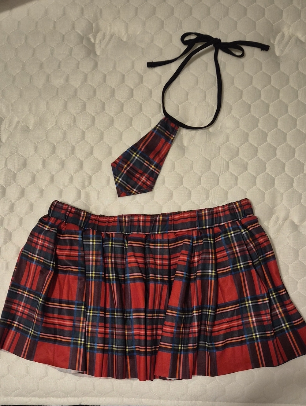 Red Plaid Pleated Mini Skirt with Matching Tie M